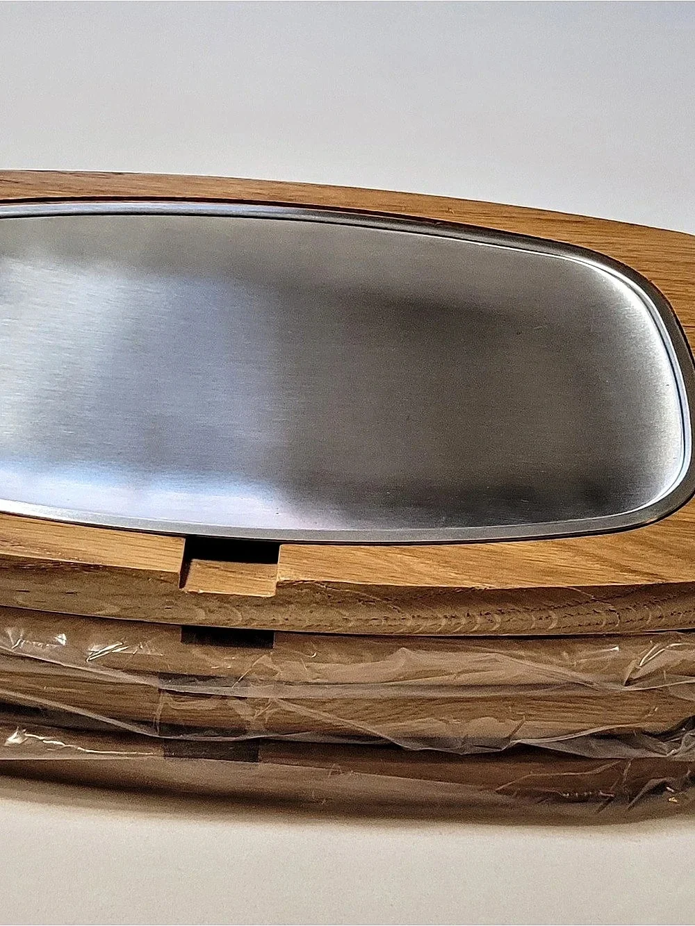 Wooden Serving Dish with Utensil in Brown & Silver NWT